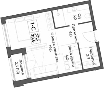 Планировка студии 37.50 м² в ЖК «RIZALTA РЕЗОРТ БЕЛОКУРИХА»