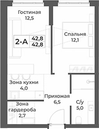 Планировка 2е-к.кв 42.80 м² в ЖК «RIZALTA РЕЗОРТ БЕЛОКУРИХА»