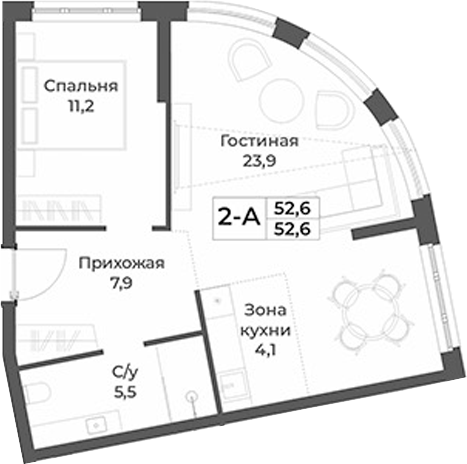 Планировка 2е-к.кв 52.60 м² в ЖК «RIZALTA РЕЗОРТ БЕЛОКУРИХА»