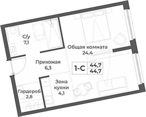 Планировка студии 44.70 м² в ЖК «RIZALTA РЕЗОРТ БЕЛОКУРИХА»