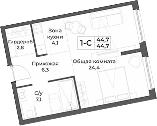 Планировка студии 44.70 м² в ЖК «RIZALTA РЕЗОРТ БЕЛОКУРИХА»