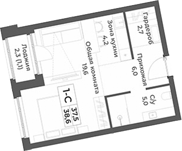 Планировка студии 37.50 м² в ЖК «RIZALTA РЕЗОРТ БЕЛОКУРИХА»