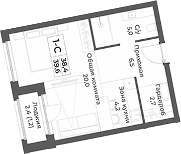 Планировка студии 38.40 м² в ЖК «RIZALTA РЕЗОРТ БЕЛОКУРИХА»