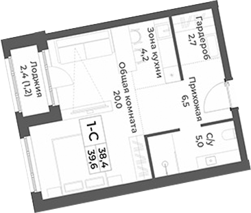 Планировка студии 38.40 м² в ЖК «RIZALTA РЕЗОРТ БЕЛОКУРИХА»