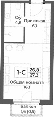 Планировка студии 26.80 м² в ЖК «RIZALTA РЕЗОРТ БЕЛОКУРИХА»