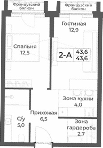 Планировка 2е-к.кв 43.60 м² в ЖК «RIZALTA РЕЗОРТ БЕЛОКУРИХА»