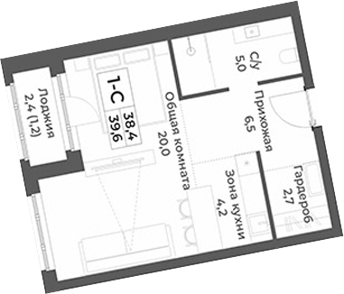 Планировка студии 38.40 м² в ЖК «RIZALTA РЕЗОРТ БЕЛОКУРИХА»