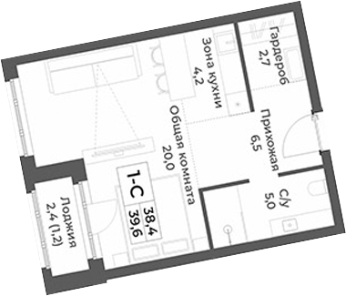 Планировка студии 38.40 м² в ЖК «RIZALTA РЕЗОРТ БЕЛОКУРИХА»
