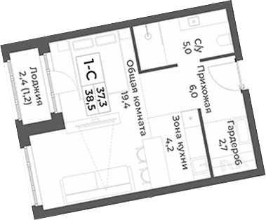 Планировка студии 37.30 м² в ЖК «RIZALTA РЕЗОРТ БЕЛОКУРИХА»