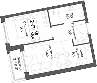 Планировка 2е-к.кв 38.10 м² в ЖК «RIZALTA РЕЗОРТ БЕЛОКУРИХА»