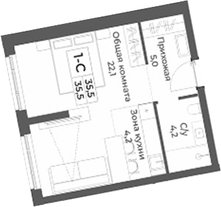 Планировка студии 35.50 м² в ЖК «RIZALTA РЕЗОРТ БЕЛОКУРИХА»