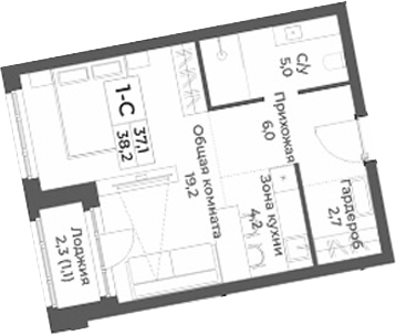 Планировка студии 37.10 м² в ЖК «RIZALTA РЕЗОРТ БЕЛОКУРИХА»