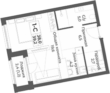 Планировка студии 38.00 м² в ЖК «RIZALTA РЕЗОРТ БЕЛОКУРИХА»