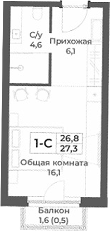 Планировка студии 26.80 м² в ЖК «RIZALTA РЕЗОРТ БЕЛОКУРИХА»