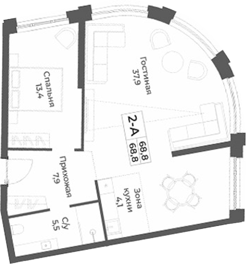 Планировка 2е-к.кв 68.80 м² в ЖК «RIZALTA РЕЗОРТ БЕЛОКУРИХА»