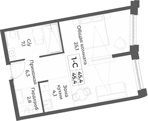 Планировка студии 45.40 м² в ЖК «RIZALTA РЕЗОРТ БЕЛОКУРИХА»