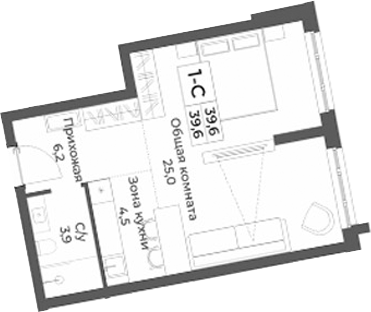 Планировка студии 39.60 м² в ЖК «RIZALTA РЕЗОРТ БЕЛОКУРИХА»