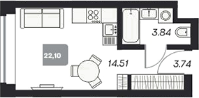 Планировка студии 22.18 м² в ЖК «Аэрон»