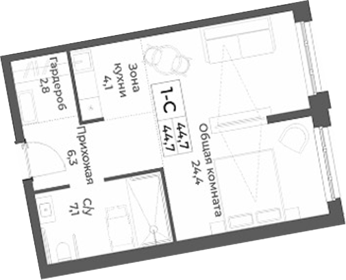 Планировка студии 44.70 м² в ЖК «RIZALTA РЕЗОРТ БЕЛОКУРИХА»