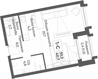 Планировка студии 39.50 м² в ЖК «RIZALTA РЕЗОРТ БЕЛОКУРИХА»