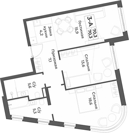 Планировка 3е-к.кв 70.30 м² в ЖК «RIZALTA РЕЗОРТ БЕЛОКУРИХА»