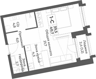 Планировка студии 39.50 м² в ЖК «RIZALTA РЕЗОРТ БЕЛОКУРИХА»