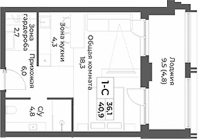 Планировка студии 36.10 м² в ЖК «RIZALTA РЕЗОРТ БЕЛОКУРИХА»