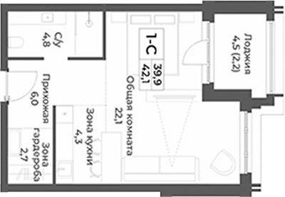 Планировка студии 39.90 м² в ЖК «RIZALTA РЕЗОРТ БЕЛОКУРИХА»