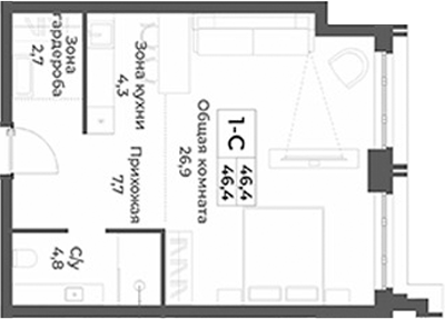 Планировка студии 46.40 м² в ЖК «RIZALTA РЕЗОРТ БЕЛОКУРИХА»