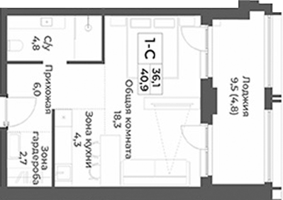 Планировка студии 36.10 м² в ЖК «RIZALTA РЕЗОРТ БЕЛОКУРИХА»