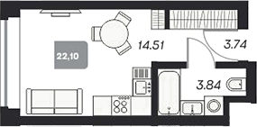 Планировка студии 22.18 м² в ЖК «Аэрон»