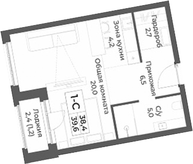 Планировка студии 38.40 м² в ЖК «RIZALTA РЕЗОРТ БЕЛОКУРИХА»
