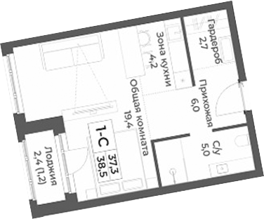 Планировка студии 37.30 м² в ЖК «RIZALTA РЕЗОРТ БЕЛОКУРИХА»