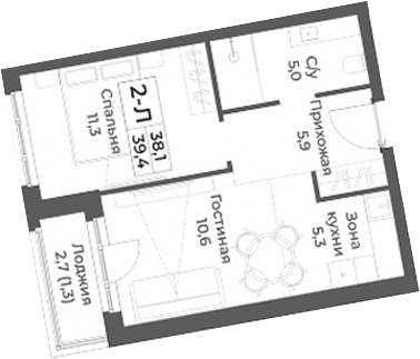 Планировка 2е-к.кв 38.10 м² в ЖК «RIZALTA РЕЗОРТ БЕЛОКУРИХА»