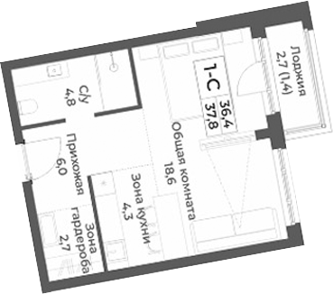 Планировка студии 36.40 м² в ЖК «RIZALTA РЕЗОРТ БЕЛОКУРИХА»