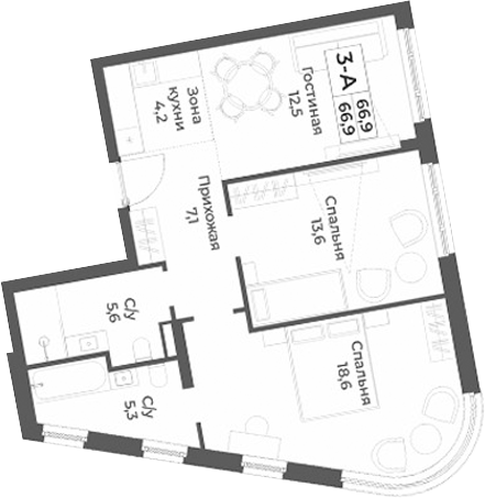 Планировка 3е-к.кв 66.90 м² в ЖК «RIZALTA РЕЗОРТ БЕЛОКУРИХА»