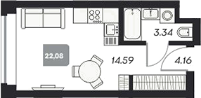 Планировка студии 22.18 м² в ЖК «Аэрон»