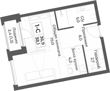 Планировка студии 36.90 м² в ЖК «RIZALTA РЕЗОРТ БЕЛОКУРИХА»