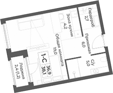 Планировка студии 36.90 м² в ЖК «RIZALTA РЕЗОРТ БЕЛОКУРИХА»