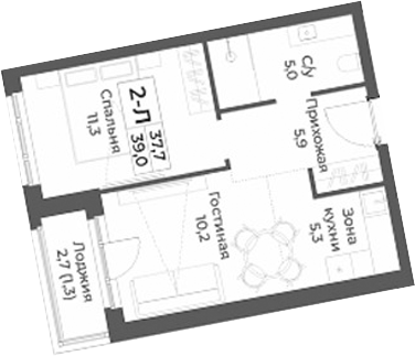 Планировка 2е-к.кв 37.70 м² в ЖК «RIZALTA РЕЗОРТ БЕЛОКУРИХА»