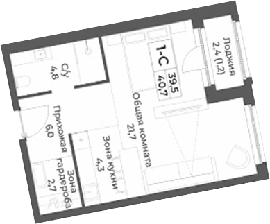 Планировка студии 39.50 м² в ЖК «RIZALTA РЕЗОРТ БЕЛОКУРИХА»