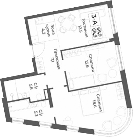 Планировка 3е-к.кв 66.90 м² в ЖК «RIZALTA РЕЗОРТ БЕЛОКУРИХА»