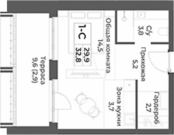 Планировка студии 29.90 м² в ЖК «RIZALTA РЕЗОРТ БЕЛОКУРИХА»