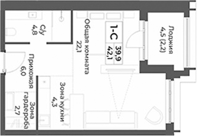 Планировка студии 39.90 м² в ЖК «RIZALTA РЕЗОРТ БЕЛОКУРИХА»