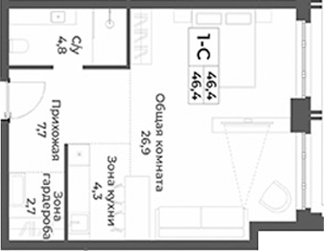 Планировка студии 46.40 м² в ЖК «RIZALTA РЕЗОРТ БЕЛОКУРИХА»