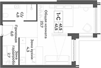 Планировка студии 41.50 м² в ЖК «RIZALTA РЕЗОРТ БЕЛОКУРИХА»