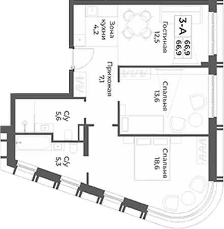 Планировка 3е-к.кв 66.90 м² в ЖК «RIZALTA РЕЗОРТ БЕЛОКУРИХА»