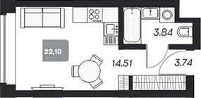 Планировка студии 22.18 м² в ЖК «Аэрон»