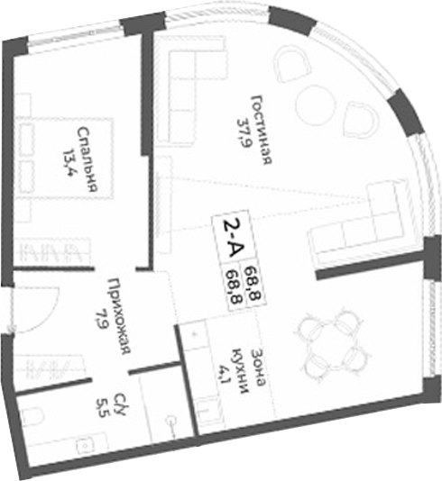 Планировка 2е-к.кв 68.80 м² в ЖК «RIZALTA РЕЗОРТ БЕЛОКУРИХА»