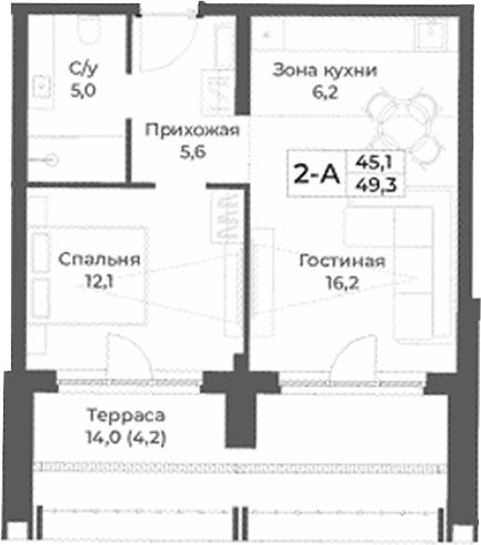 Планировка 2е-к. квартира 45.10 м² в ЖК «RIZALTA РЕЗОРТ БЕЛОКУРИХА»